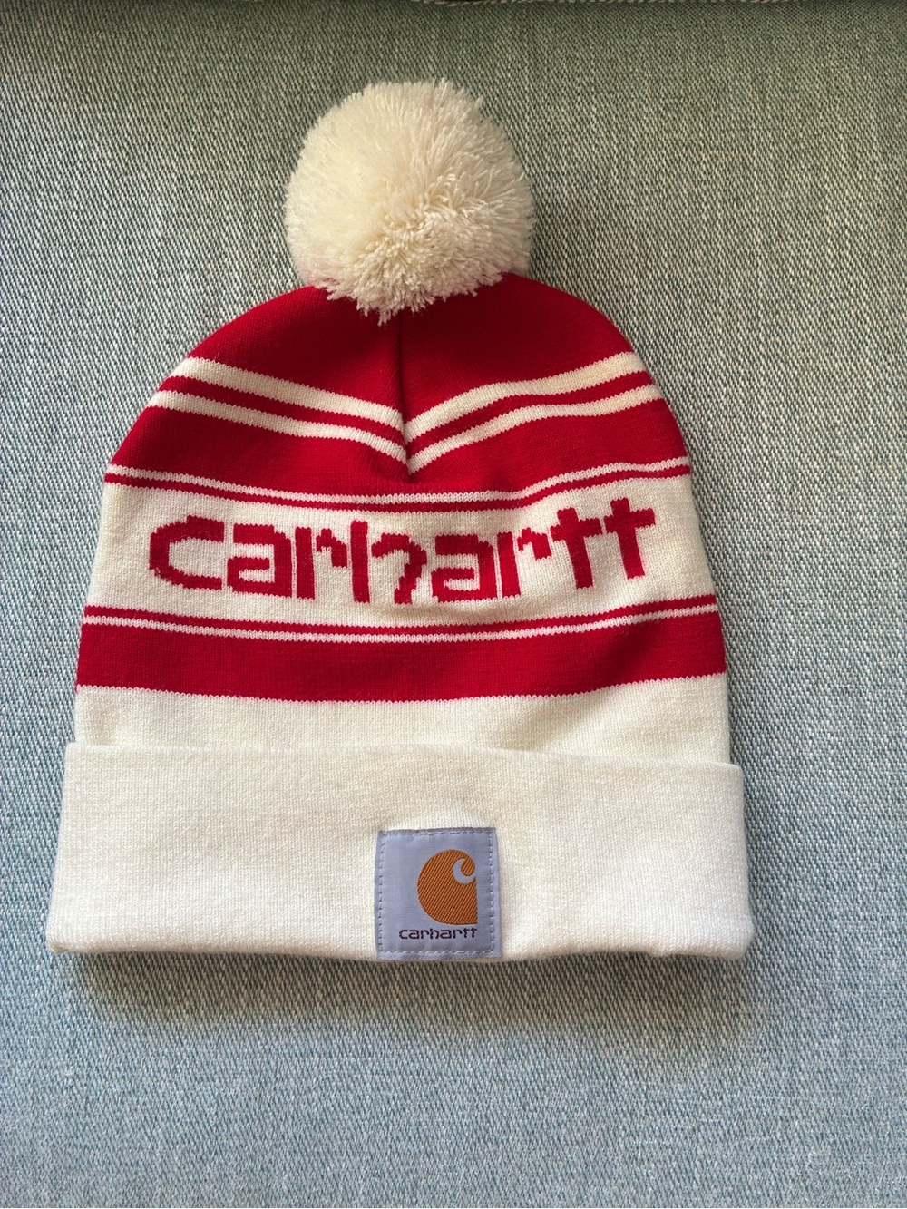 Carhartt Red and White Knit Pom Beanie